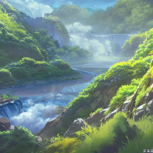 Prompt: Into the Valley, anime and manga, landscape, Nobuyuki Anzai and Shin Kibayashi, digital art, 16k resolution, 35mm wide angle shot, concept art, photorealistic, hyperrealism