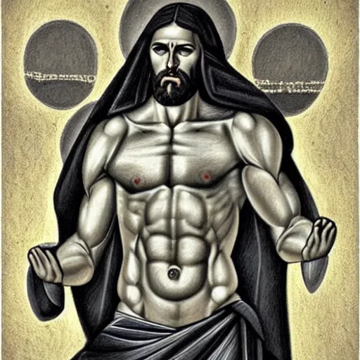 Image similar to gigachad benediction, gigachad jesus, muscles, pointing to heaven, pencil art, holy iconography