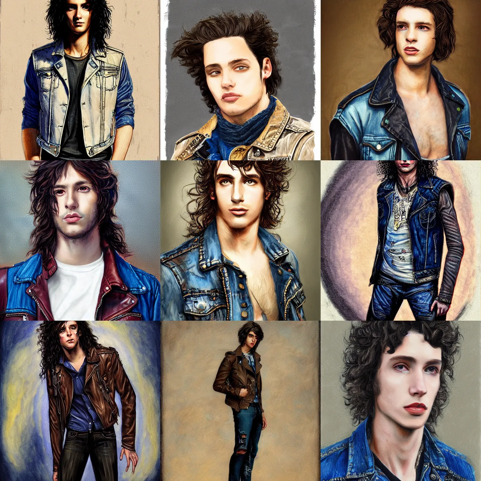 Prompt: Portrait of a pretty punk rock young man with messy very long curly dark brown hair and a denim vest over a leather Jacket, painted by William Blake Richmond and jeff jordan, elegant, highly detailed, digital painting, artstation, concept art,