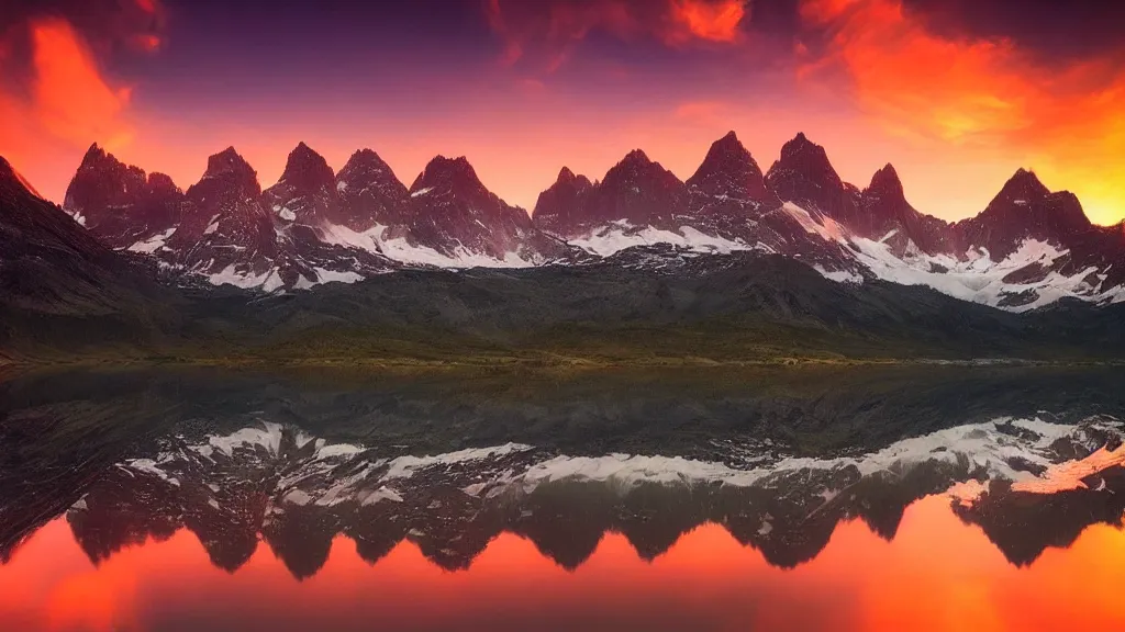 Image similar to amazing landscape photo of mountains with lake in sunset by marc adamus, beautiful dramatic lighting