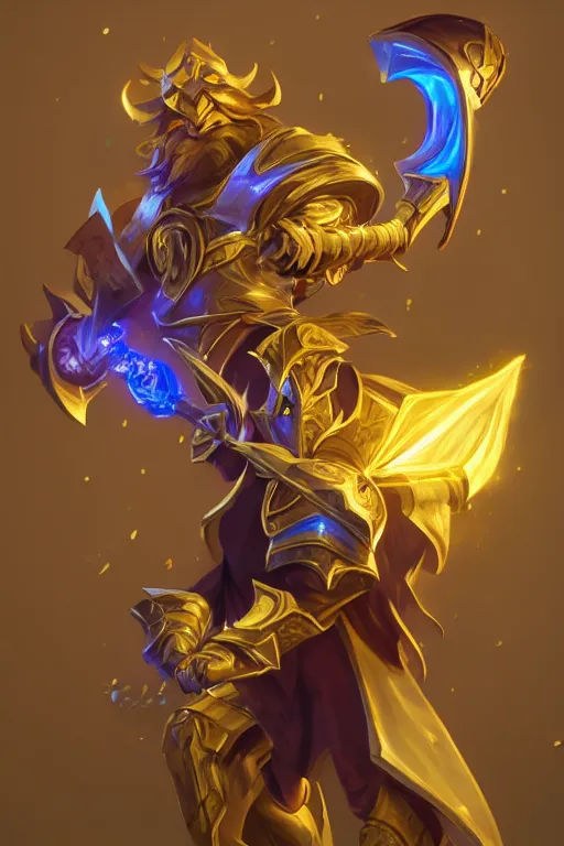 Image similar to a magical golden weapon, d & d, league of legends, concept art, blue background, dramatic lighting. realistic, epic legends, game icon, global illumination, ian pesty