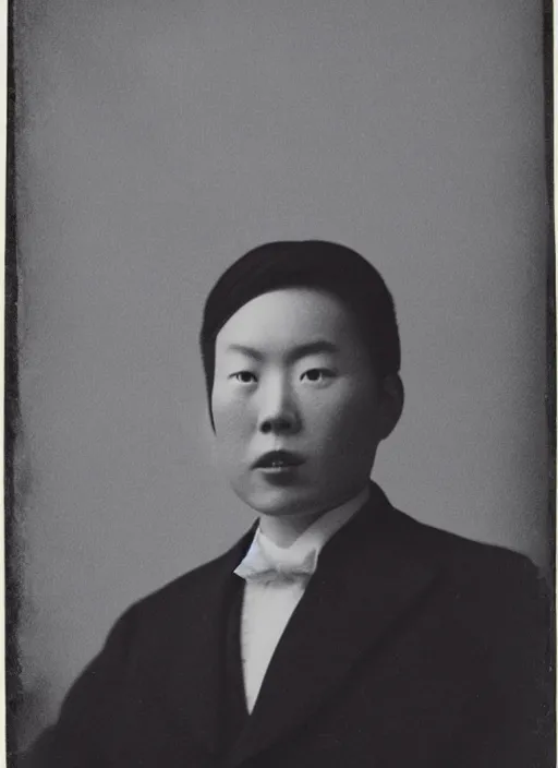 Image similar to a clear black and white photograph of Wu Ningkun, wearing a black suit, front portrait, face brightly lit and highlighted, high contrast, daguerreotype, by Nadar