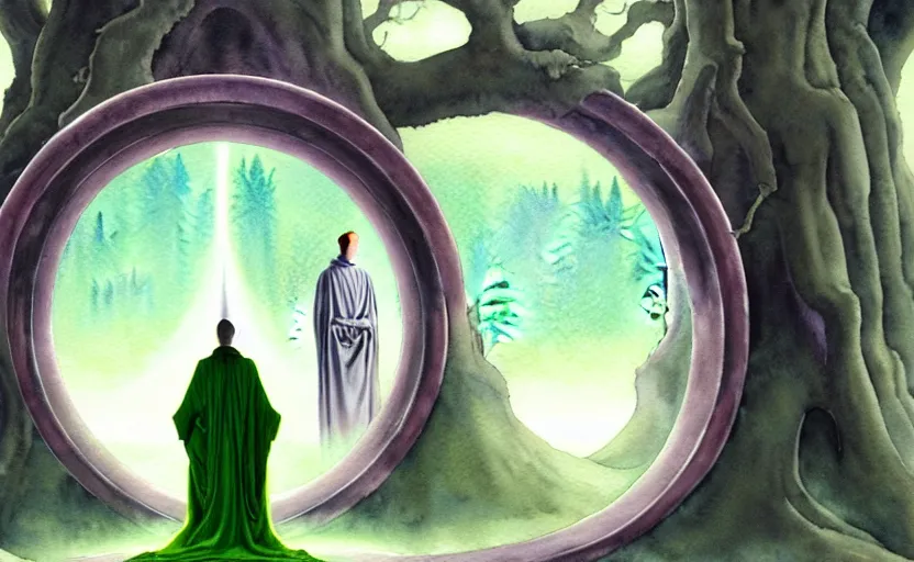 Prompt: a hyperrealist watercolor concept art of a dimensional portal in the shape of a tree arch. a medieval monk in grey robes is floating in lotus position the foreground along with a large alien. a ufo is in the background. very muted colors, by rebecca guay, michael kaluta, charles vess. high detail, hq, wide shot, 4 k