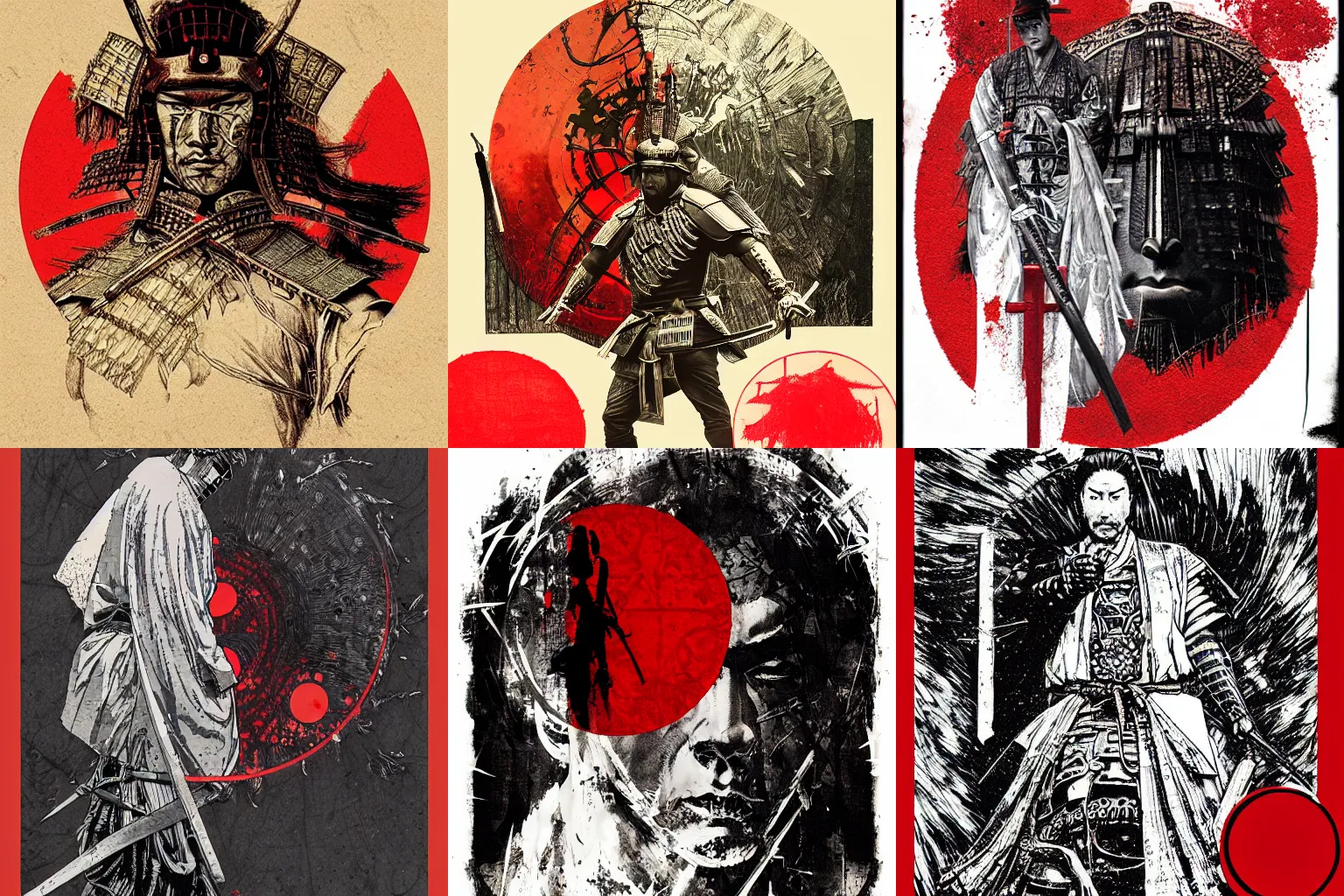 Prompt: artwork by Franklin Booth and Russ Mills showing a samurai in front of a red circle