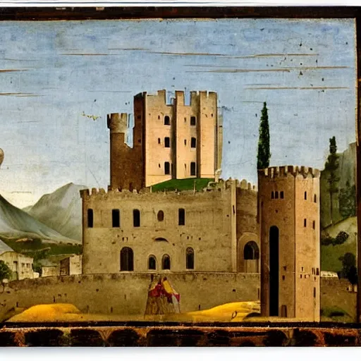 Prompt: a castle with many storey and towers in a serene landscape, by giotto