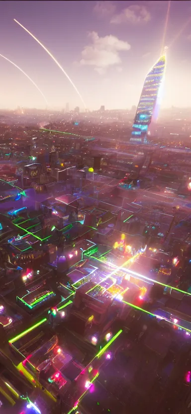 Image similar to unreal engine 5 render of a happy city on a sunny day with lasers coming out of the clouds, digital art ”