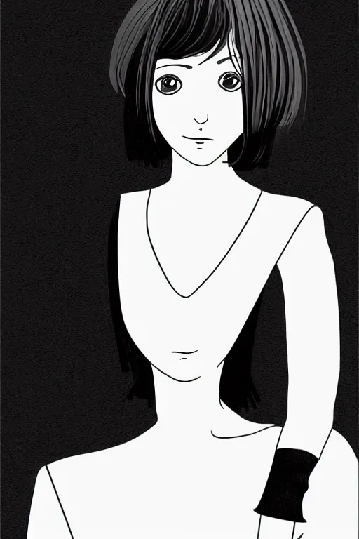 Prompt: portrait of a girl in long pants and a top, hands in pockets, eyes closed, bob haircut, digital art, black and white, simple, manga style