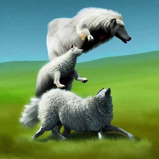 Prompt: wolf leaping over a sheep, green tone, digital art