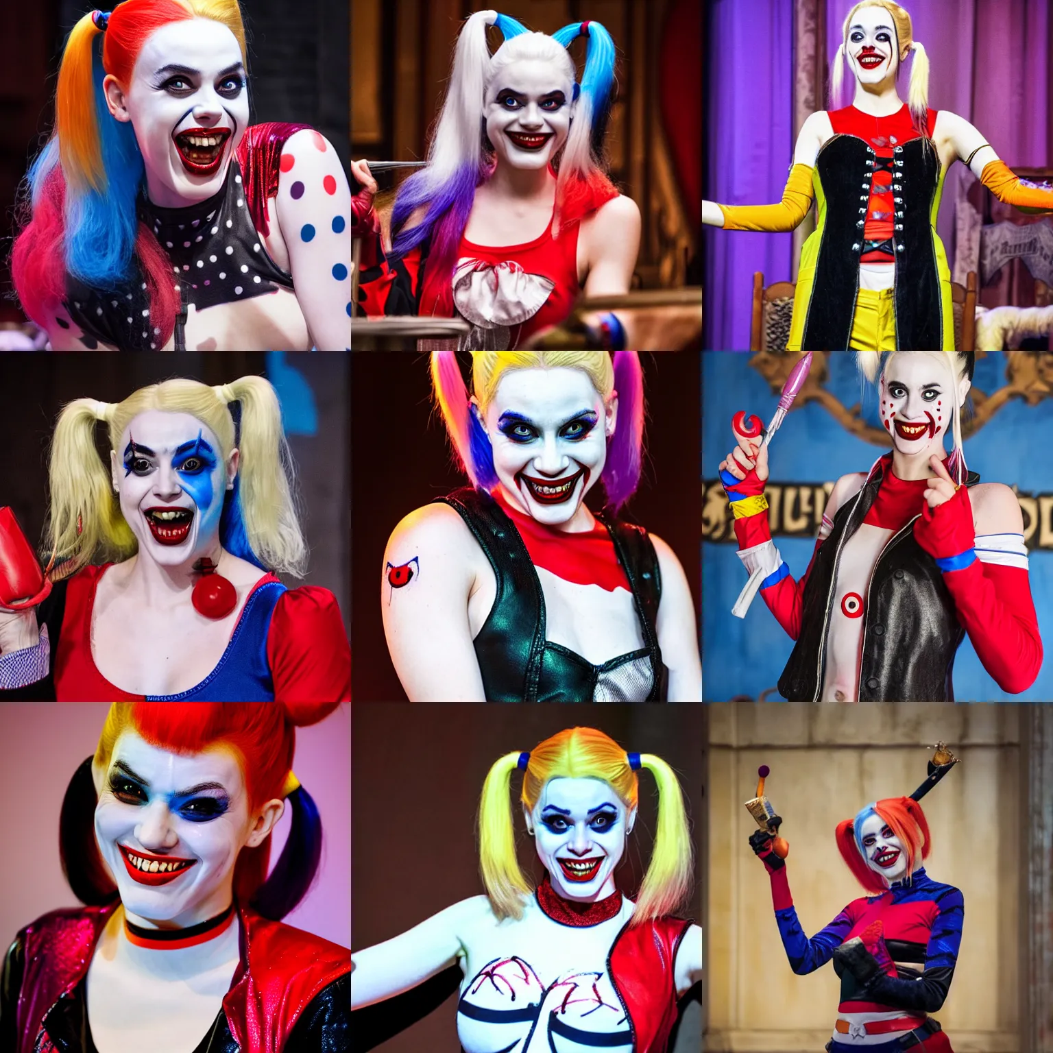 Prompt: Grinning, gloating Harley Quinn entertains at the royal court, looking at you