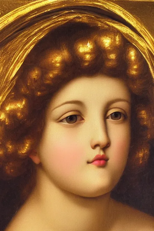 Image similar to Beautiful girl, calm face, closeup, ultra detailed, made in gold, Guido Reni style