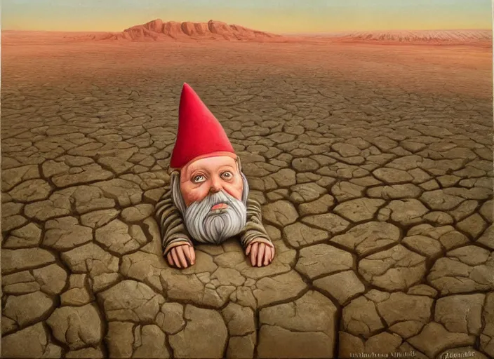 Image similar to a discarded half - buried garden gnome in a vast barren desert, an ultrafine detailed painting by mark ryden, trending on deviantart, pop surrealism, whimsical, lowbrow, perfect symmetrical face