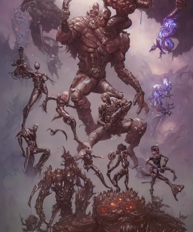 Image similar to beautiful evil fantasy baby superheroes, ultra realistic, wide angle, intricate details, the fifth element artifacts, highly detailed by peter mohrbacher, hajime sorayama, wayne barlowe, boris vallejo, aaron horkey, gaston bussiere, craig mullins