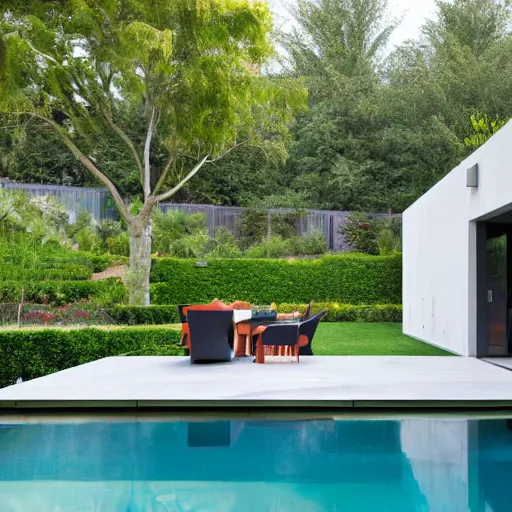 Prompt: a photograph of the backyard of a modern 2 story contemporary house with an outdoor kitchen, floor to ceiling back glass door, grass, infinity pool