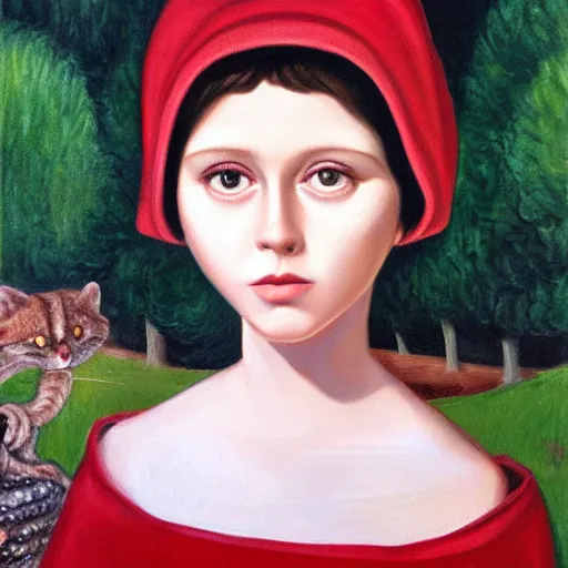 Image similar to margaret keane oil on canvas, little red riding hood, full body portrait