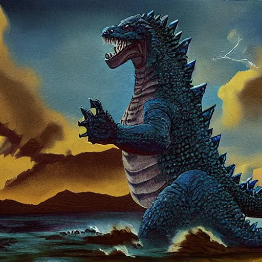 Image similar to paleoart painting of Godzilla in the style of Charles R. Knight