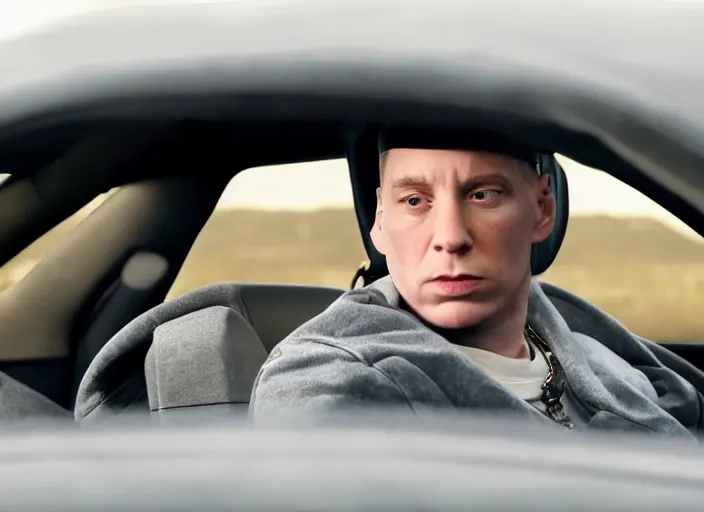 Image similar to a very high resolution image from a new movie, eminem driving a car. inside of a car. alone. mountains, directed by wes anderson