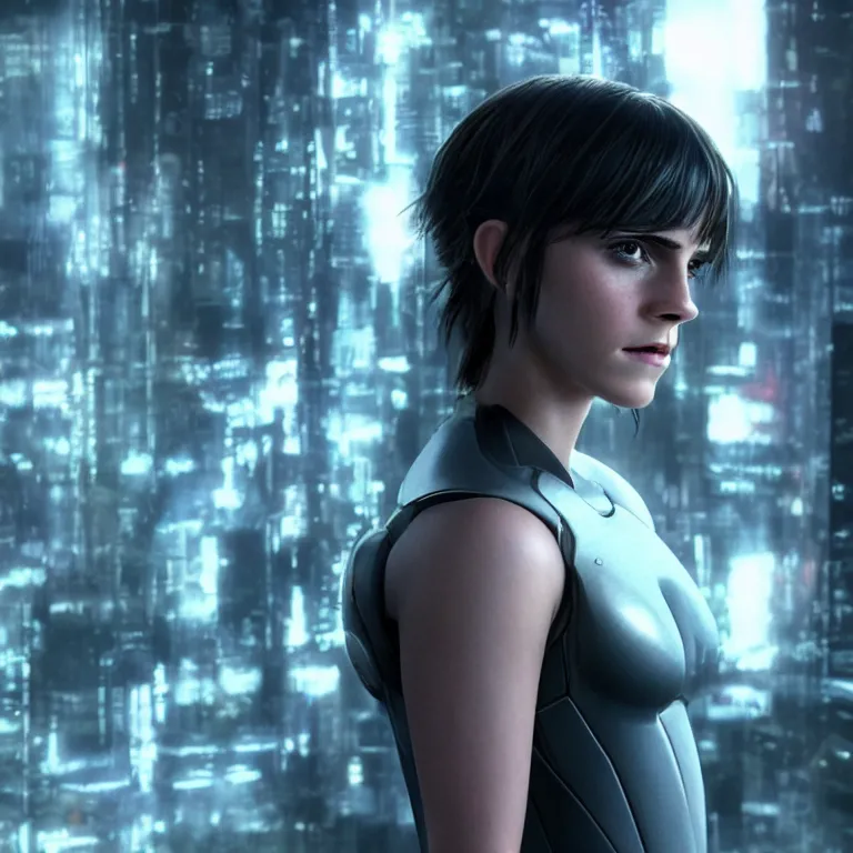 Prompt: scifi emma watson looks like ghost in the shell, extremely high detail, high detailed face, smiling woman, cyborg, photorealism, emma watson, sony a 7 r