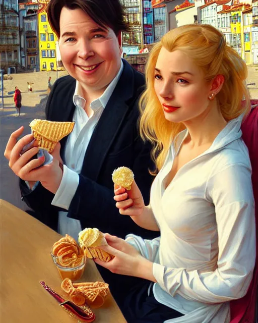 Image similar to Portrait of a blonde lady and Michael mcintyre eating ice creams in Porto,real life skin, intricate, elegant, highly detailed, artstation, concept art, smooth, sharp focus, art by artgerm and greg rutkowski and alphonse mucha