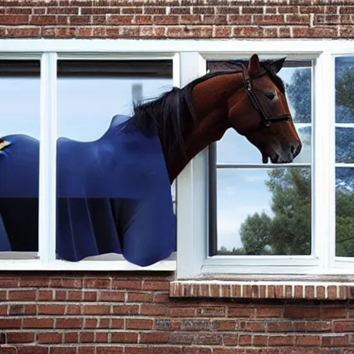 Image similar to photo of a horse wearing a captain america costume looking into a lounge window in a house