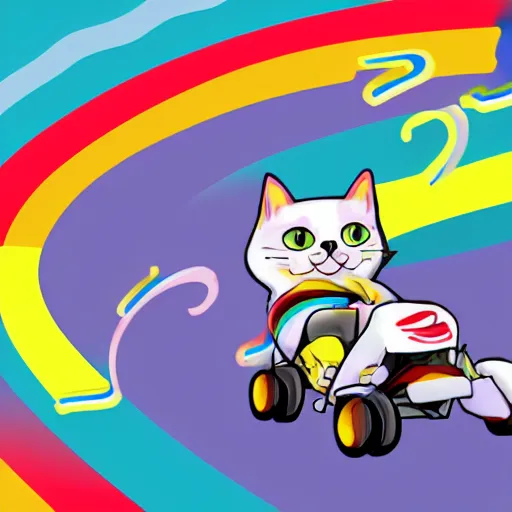 Image similar to digital illustration of a cat with wind blowing through his jacket, driving a kart through rainbow road, 4K