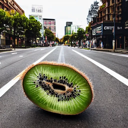 Image similar to huge kiwi fruit cut in half in the middle of the street, photographed