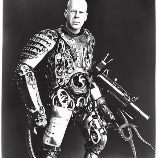 Prompt: old black and white photo, 1 9 1 3, depicting bruce willis in combat armor with guns, shooting biomechanical octopus, historical record, tentacles around