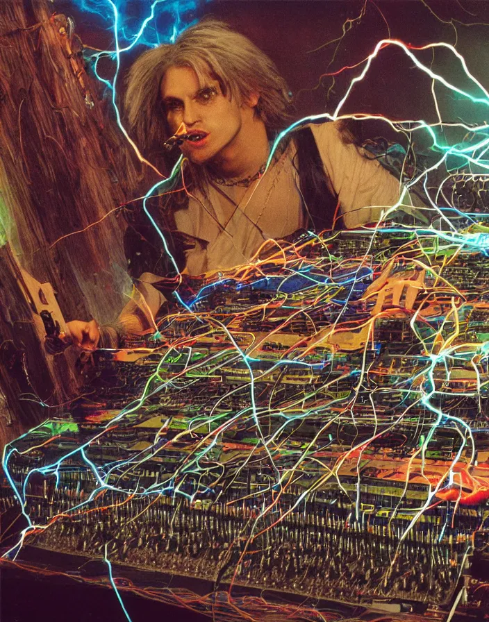 Image similar to chiaroscuro air brush fantasy hyper realistic photograph of a majestic goblin king patching a Buchla 200e modular synthesizer powered by tesla coils