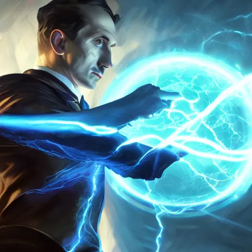 Image similar to portrait of nikola tesla as zeus, league of legends amazing splashscreen artwork, fantasy, splash art, natural light, elegant, photorealistic facial features, intricate, fantasy, detailed face, atmospheric lighting, anamorphic lens flare, cinematic lighting, league of legends splash art, hd wallpaper, ultra high details by greg rutkowski