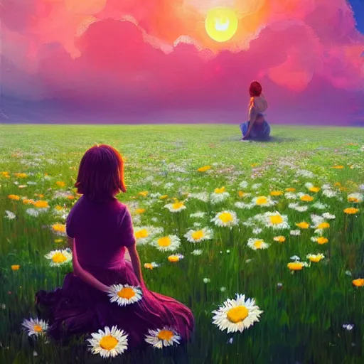 Image similar to giant daisies flower as head, girl sitting in a flower field, surreal photography, sunrise, dramatic light, impressionist painting, colorful clouds, digital painting, artstation, simon stalenhag