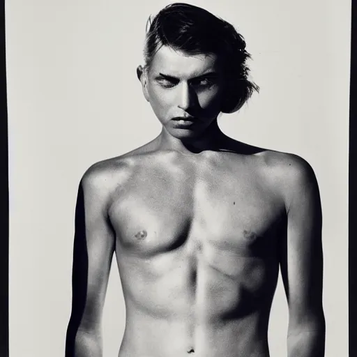 Image similar to a man with scales, large format film fashion photograph by richard avedon