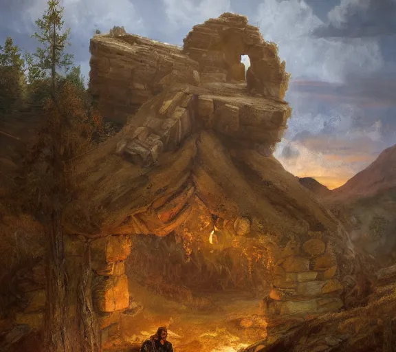Image similar to landscape portrait of tyler childers working on a building out of hand hewn brimstone, all alone by william sidney mount, trending on artstation