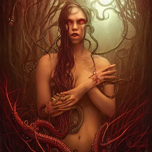 Image similar to happy lovecraftian swamp monster with tentacles by tom bagshaw