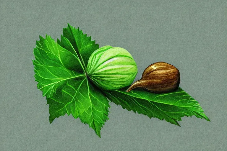 Prompt: a hazelnut with green leaf, macro, fantasy, sharp focus, intricate, elegant, digital painting, artstation, matte, highly detailed, concept art, illustration, ambient lighting, art by Jonatan Iversen-Ejve