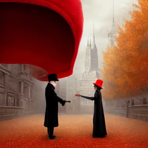 Prompt: a highly detailed epic cinematic concept art, a thin man in a black coat and bowler hat talks with small young girl who is dressed in a red coat and a red hat, park, autumn, 1923, wide angle, high detail, in style of Greg Rutkowski, width 768