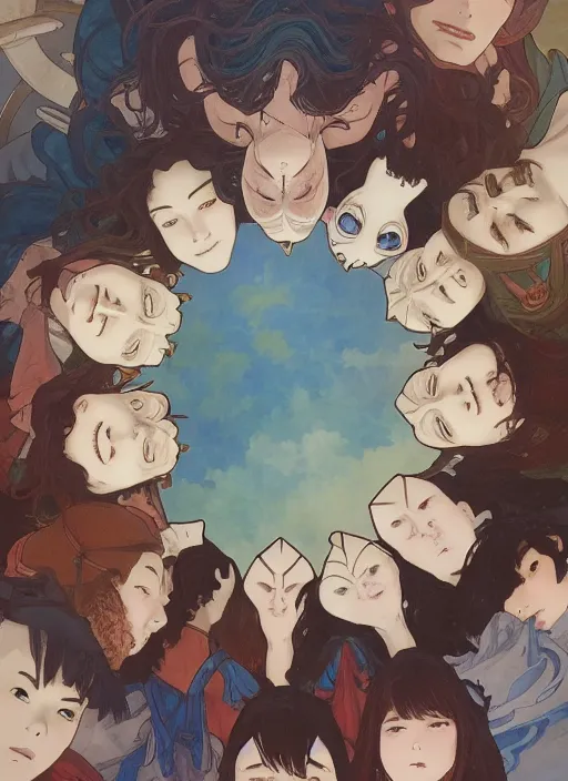 Image similar to among us characters holding hands in a circle by a burning cross, highly detailed, high quality, digital painting, by studio ghibli and alphonse mucha, leesha hannigan, makoto shinkai, disney