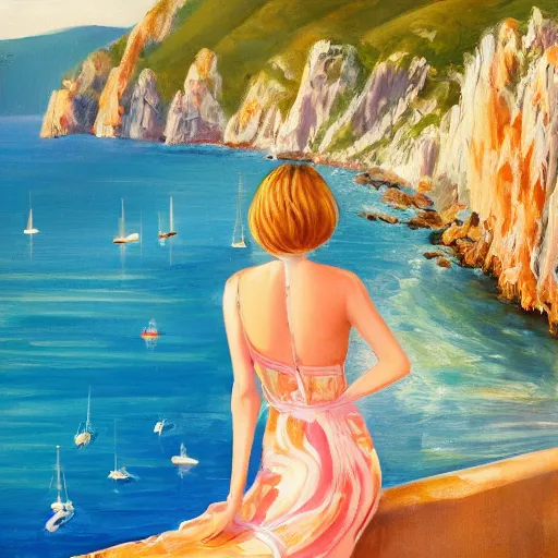 Image similar to slim cruel girl in wavy dress with white bob hair, elegant in italy, capri coast, sea, sunny day, summer, clouds on the sky, oil painting style,