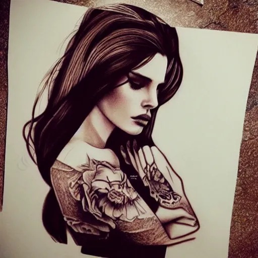 Image similar to Lana del rey tattoo design, photorealistic, dramatic