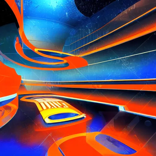 Prompt: an orange and blue contrast digital stadium in outer space, tron, digital art, holograms