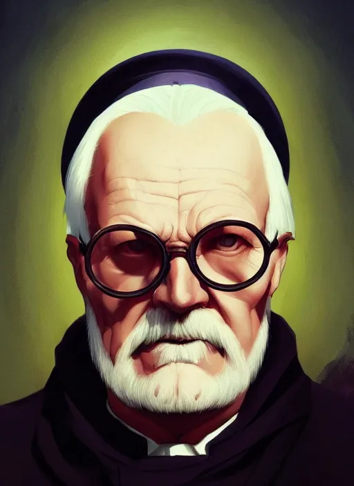 Prompt: portrait of an old carl gustav jung with round glasses, epic lighting, in the style of artgerm and charlie bowater and atey ghailan and mike mignola, vibrant colors and hard shadows and strong rim light, comic cover art, plain background, trending on artstation