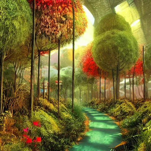 Prompt: Beautiful artwork city of the future, overgrown with trees and plants. Nice colour scheme, warm colour. Beautiful artistic digital artwork by artist Lurid. (2022)