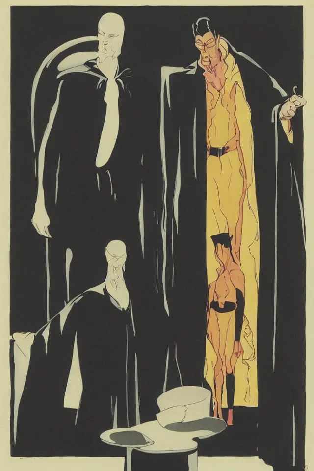 Prompt: a tall thin man with pale skin, in black latex robes by frank miller and bill sienckiwicz