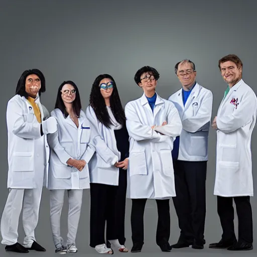 Image similar to a team of futuristic scientists standing for a group photo