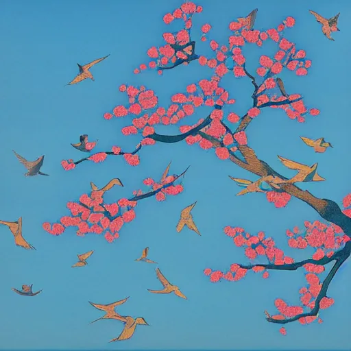 Image similar to birds on cherry tree, Changelingcore, serene, graceful, sunset photo at golden hour, Kodachrome, digital painting by M. C. Escher