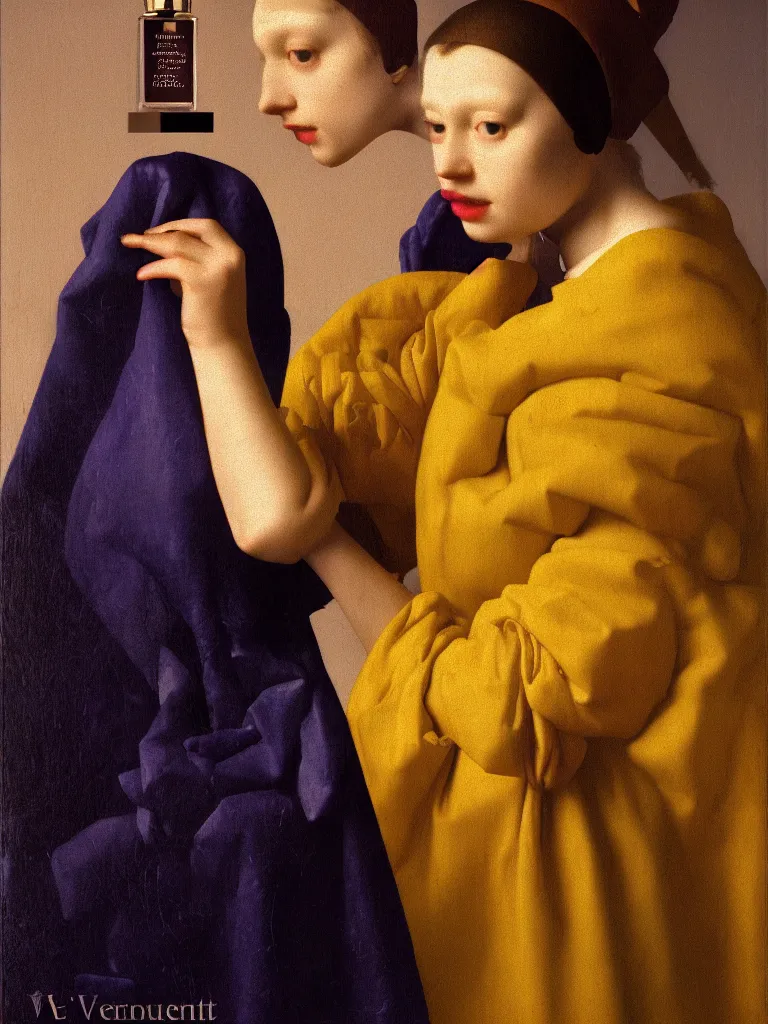 Image similar to portrait fragrance packshot by vermeer, highly detailed, saturated colors, fashion