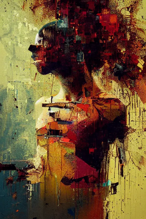 Image similar to a beautiful glitched painting by robert proch of a woman in a glitched bathroom, metal rust and plaster materials, pixel sorting, color bleeding, brushstrokes by jeremy mann, still life, dark colors