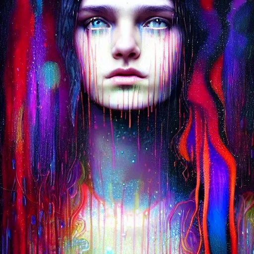 Image similar to face of girl in psychedelic LSD rain with wet hair and face, fantasy, intricate, elegant, dramatic lighting, intense emotion, highly detailed, lifelike, photorealistic, digital painting, artstation, concept art, smooth, sharp focus, illustration, art by John Collier and Albert Aublet and Krenz Cushart and Artem Demura and Alphonse Mucha