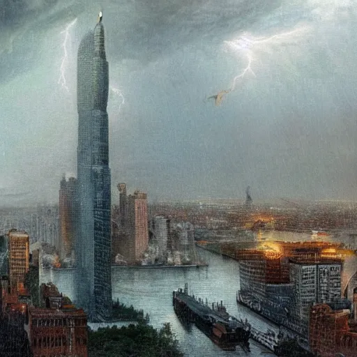 Image similar to a gigantic creature, towering over a city, during a thunderstorm, extreme detail,