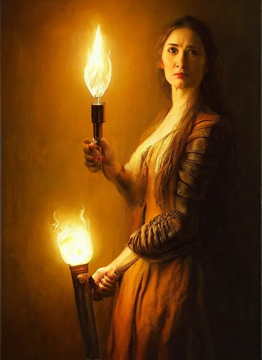 Prompt: realistic oil painting of carice van houten holding a torch, detailed, by rembrandt van rijn, lisa frank, hr giger, beksinski, anato finnstark!!, 8 k resolution, beautiful lighting, studio light, extremely detailed, establishing shot, realistic materials, hyperrealistic