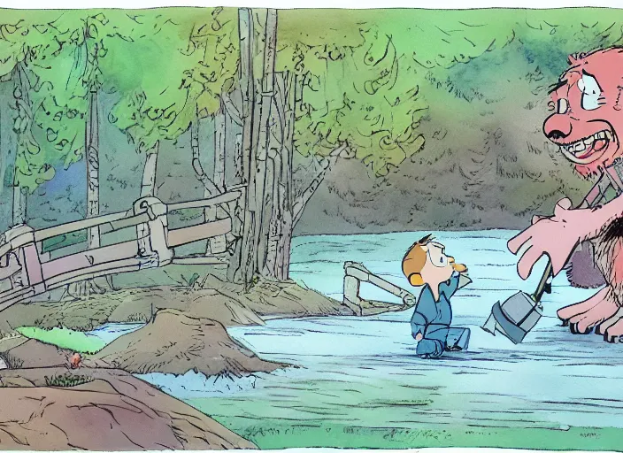 Image similar to First image from Bill Watterson's gorgeous hand-animated film Chagrin Falls, watercolor, cel-shading, 8k print