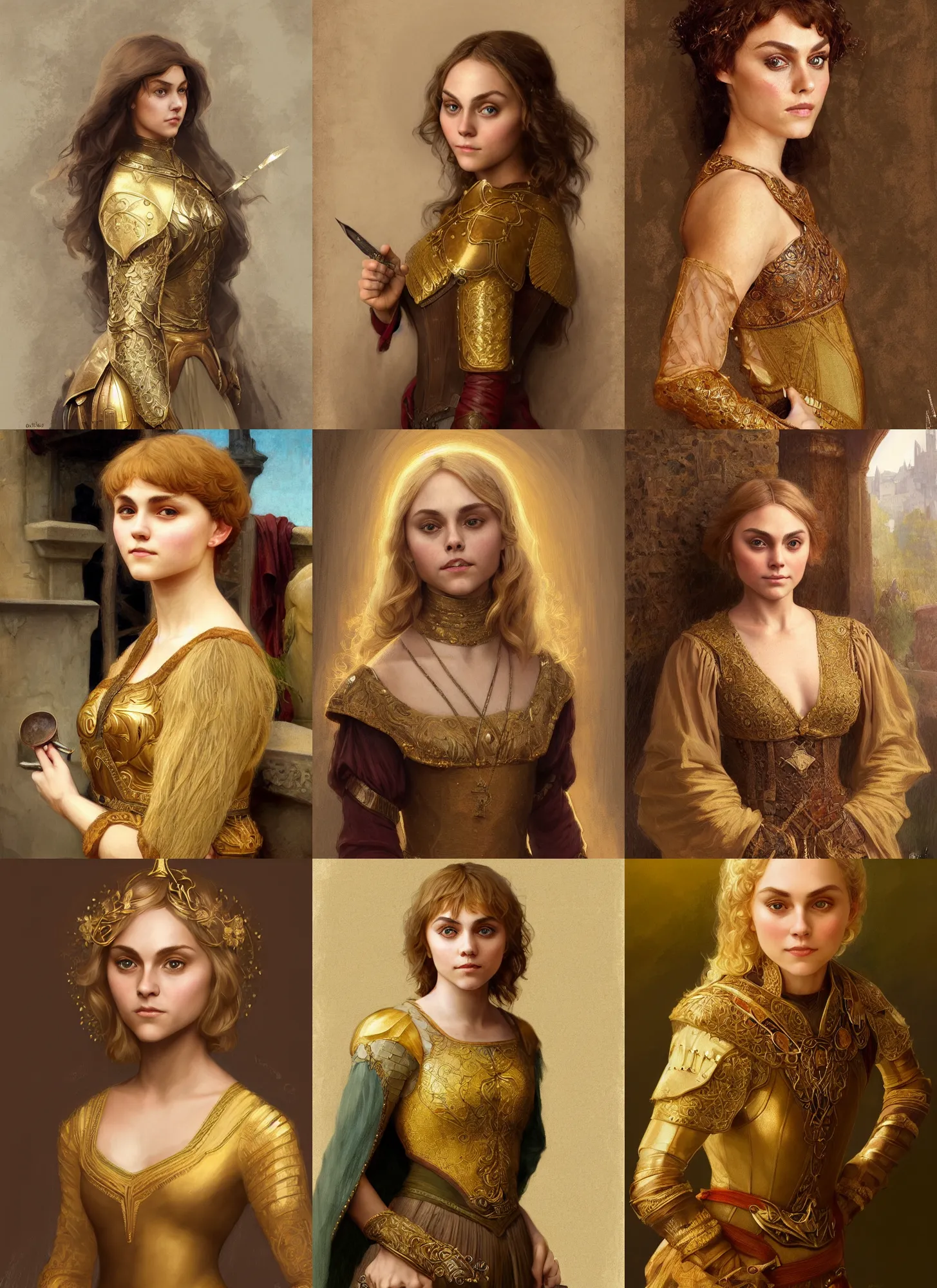 Prompt: portrait of Annasophia Robb wearing golden medieval shirt, olive skin, bowl haircut, intricate, elegant, highly detailed, digital painting, artstation, concept art, smooth, sharp focus, illustration, aleksi briclot, mucha, bouguereau